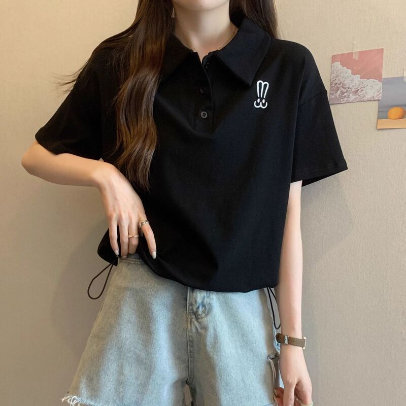 Summer Women's Clothing 2025 New Polo Collar Korean Style Right Shoulder Short-Sleeved T-Shirt Women's Short Top Ins Trend