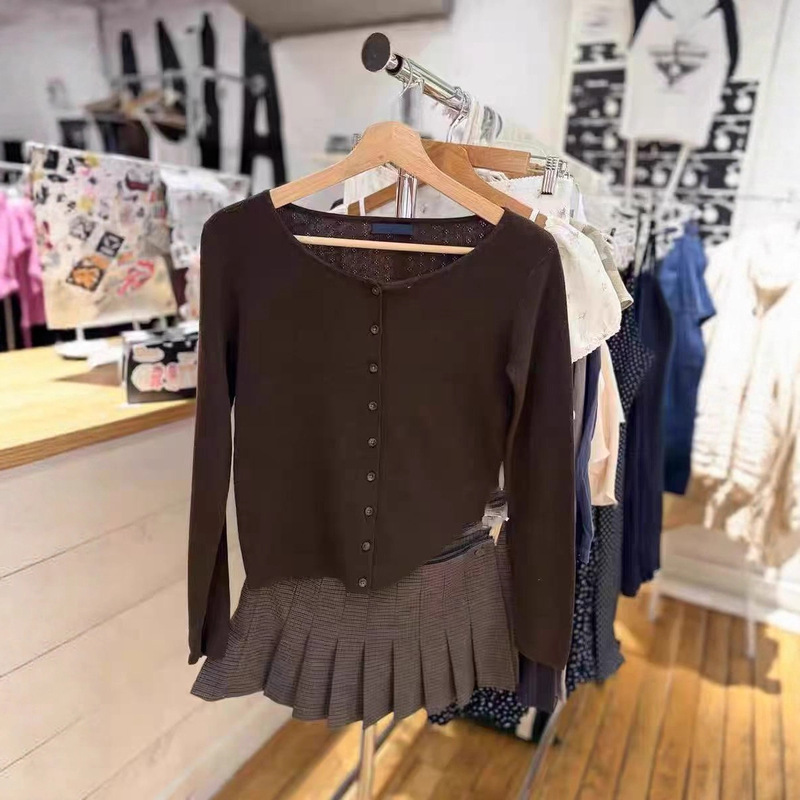 Bm Style New Brown Round Neck Eyelet Cut Out Long-Sleeved Knitted Cardigan Bm Early Autumn Slim Knitted Knitwear Jacket Top Bm Style New Brown Round Neck Eyelet Cut Out Long-Sleeved Knitted Cardigan Bm Early Autumn Slim Knitted Knitwear Jacket Top