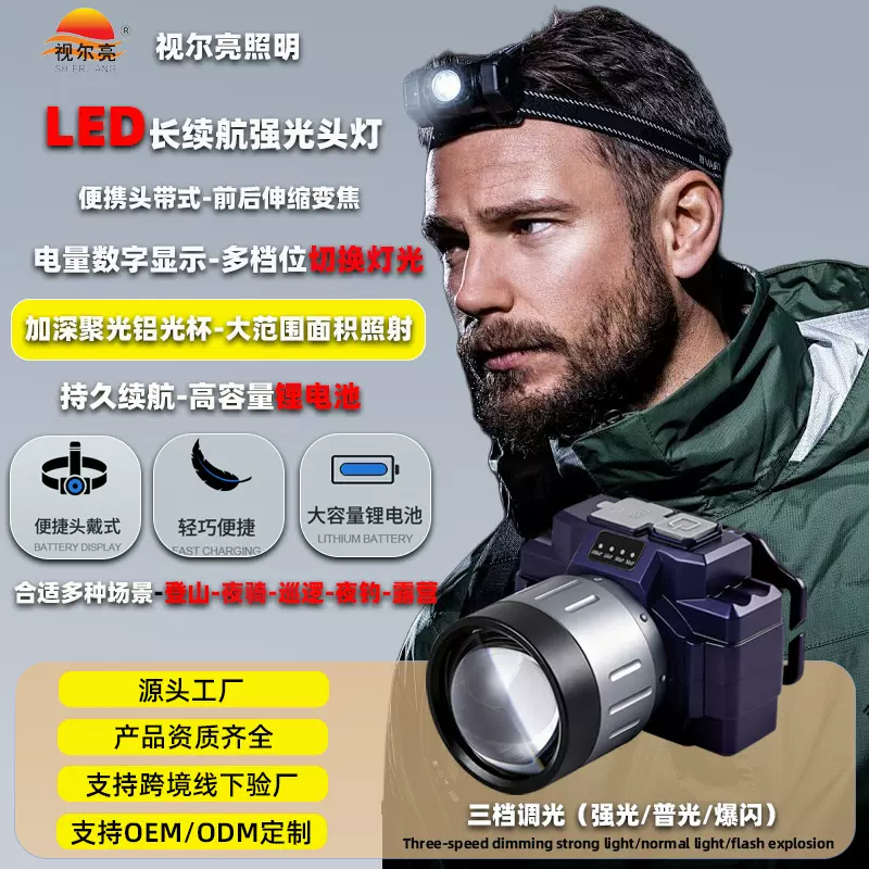 户外头灯强光伸缩调焦头灯锂电池充电远射头戴式手电筒户外钓鱼灯