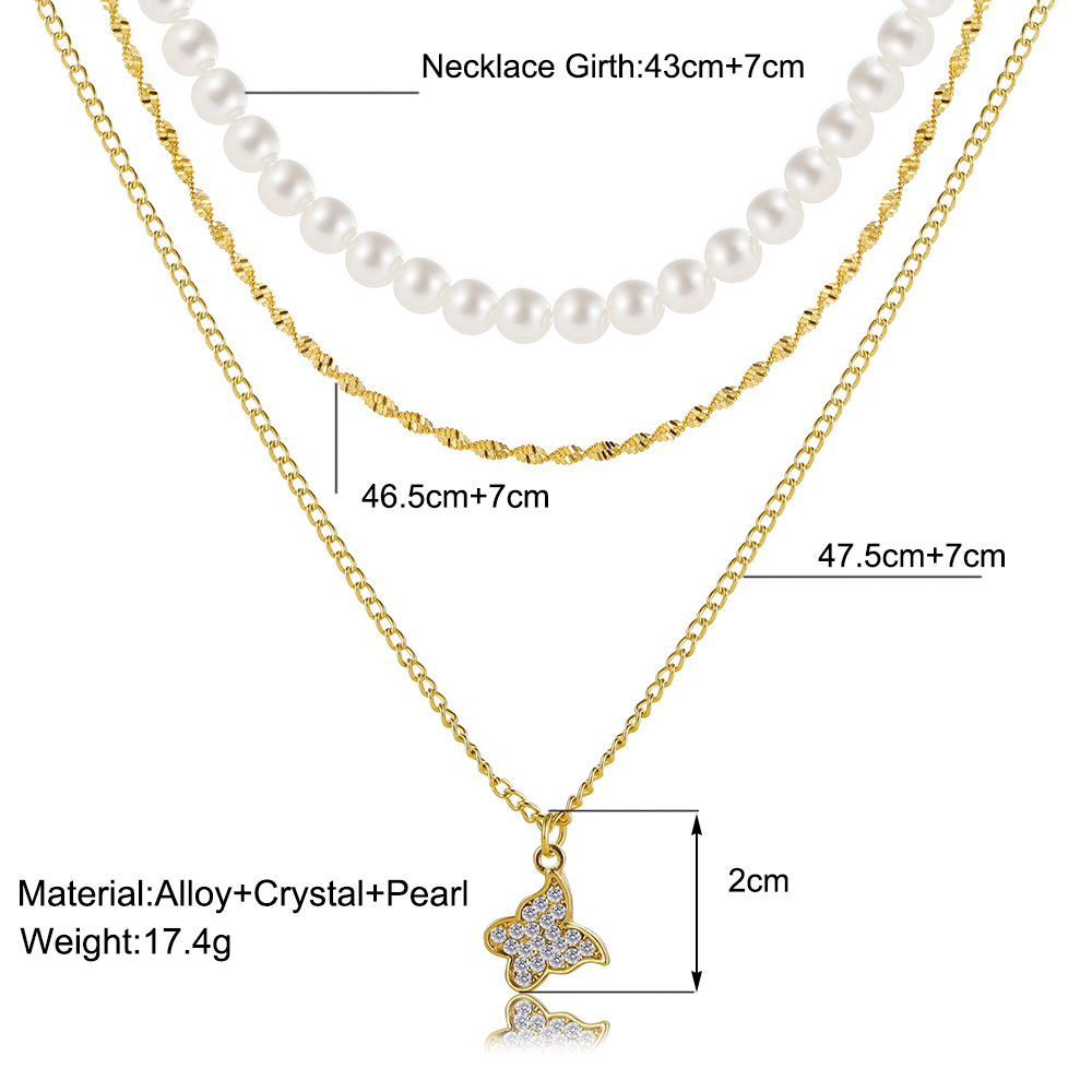 Creative Personality Full Diamond Butterfly Pearl Three-layer Necklace display picture 1