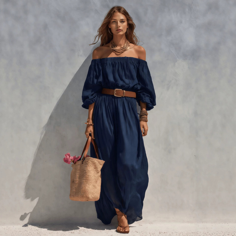 2026 New Summer Style European and American Resort Style Off-The-Shoulder Long Dress for Women, Loose and Flowing Beach Dress 2026 New Summer Style European and American Resort Style Off-The-Shoulder Long Dress for Women, Loose and Flowing Beach Dress