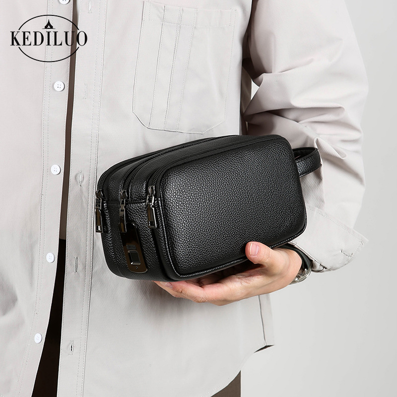 Large Capacity Men's Clutch Bag Multi Layer Korean Style Business Casual Mobile Phone Bag with Fingerprint Lock_voghion.com