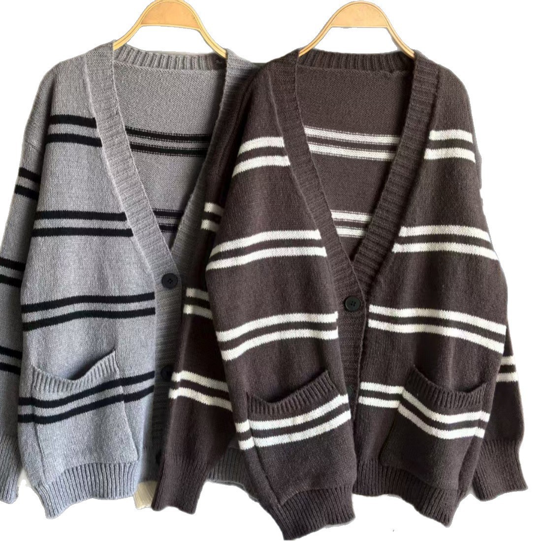 Coreano V-collar rayas camiseta de punto Cardigan 2025 otoño y invierno nuevo estilo suéter de estilo universitario suelto abrigo image 6