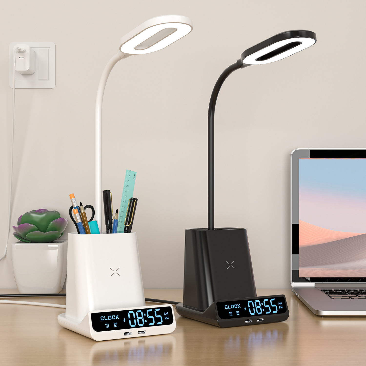 15W Wireless Charger Multifunctional Wireless Charger Digital Display Alarm Clock Pen Holder Anti-Blue Light Led Night Light