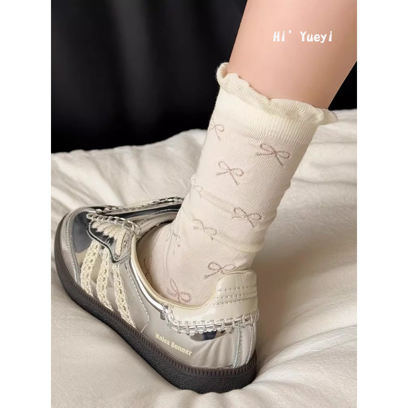 White Lace Socks for Women, Mid-Calf Socks, Summer Thin Style, Pure Cotton, Miu Style, Ballet Style, Bowknot, Slouch Socks for Summer