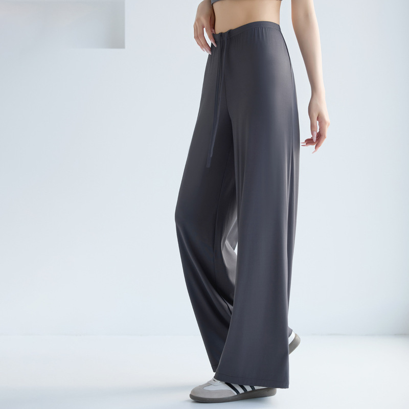 Straight-Leg Yoga Pants for Women, Summer Cool Sun Protection Drawstring Wide-Leg Loose Running Long Pants, Thin Training Fitness Long Pants