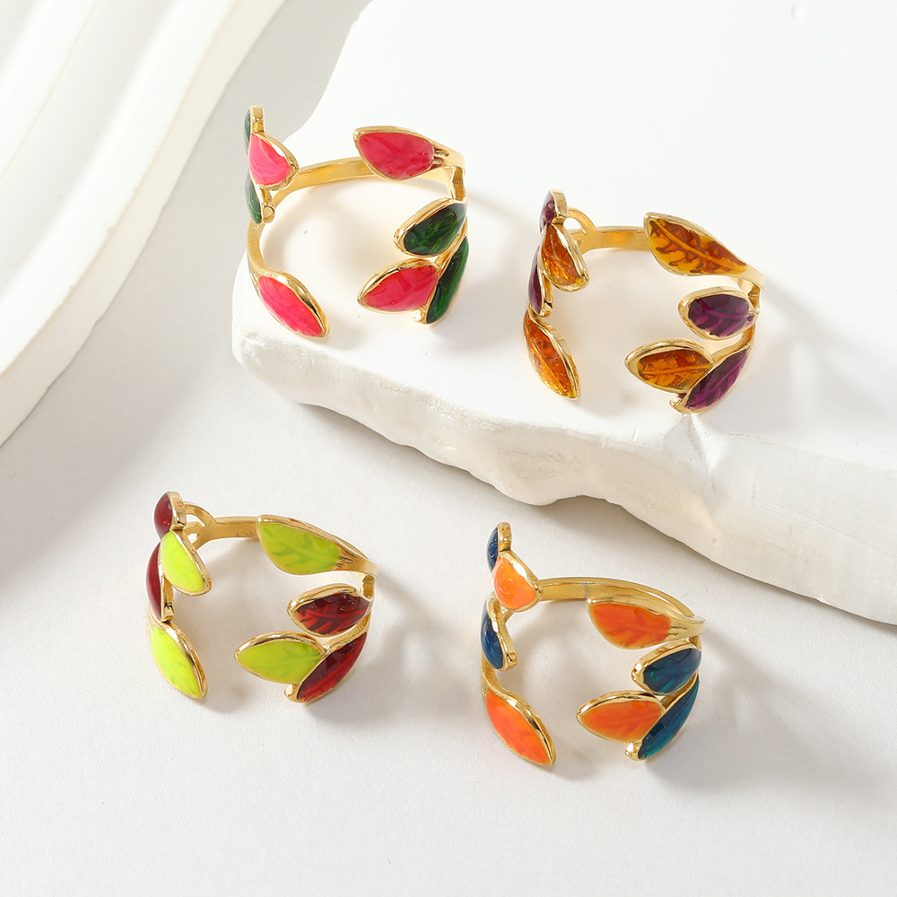 10g Weight Open Rings Classification Stainless Steel IG Style Leaf Enamel Plating Open Rings
