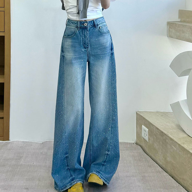 2026 Spring New Korean Style High-Waisted Slimming Fashion Starry Rhinestone Embellished Wide-Leg Long Jeans for Women 2026 Spring New Korean Style High-Waisted Slimming Fashion Starry Rhinestone Embellished Wide-Leg Long Jeans for Women