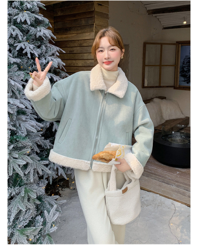 淡蓝色皮毛一体毛绒外套2025新款女冬韩系减龄加厚麂皮绒夹克棉服|undefined