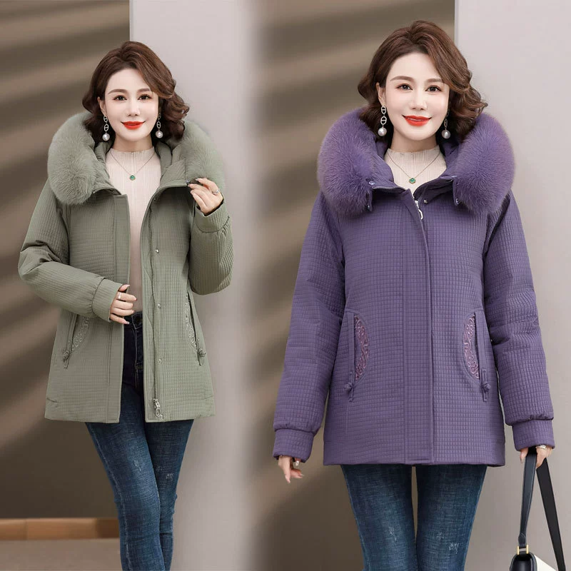 Пуховик для мам, женская теплая зимняя одежда с воротником из лисьего меха, для среднего и пожилого возраста, утепленное пальто в западном стиле, средней длины