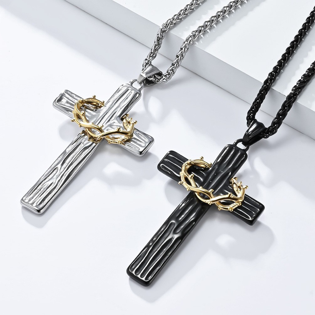Original Design Niche Thorn Cross Sweater Chain Black Gold High-End Neutral Style Hip-Hop Personalized Men's Necklace
