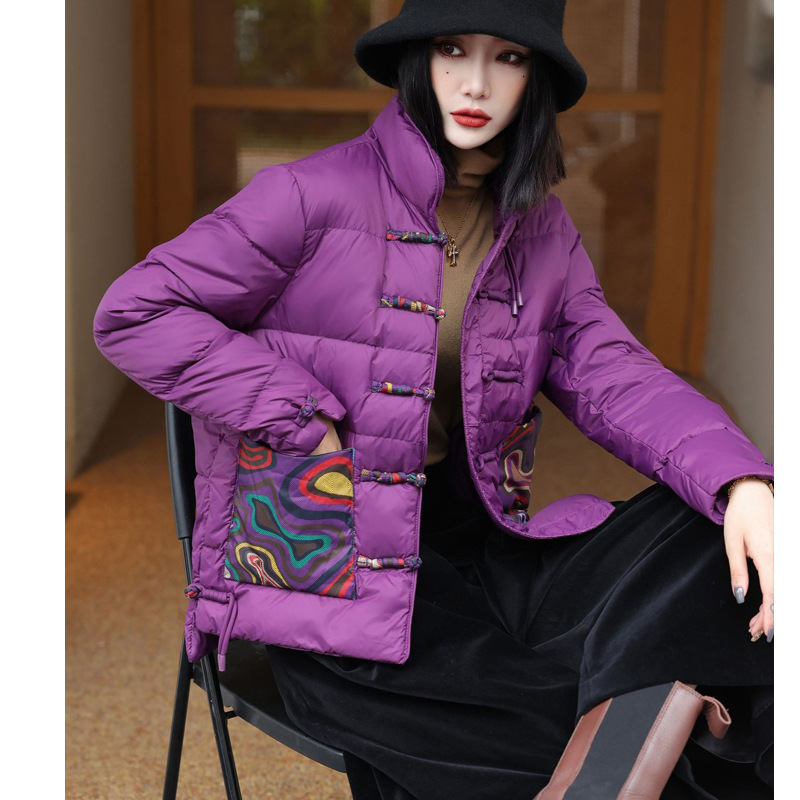 Chinese retro down jacket women's stand collar short buckle ethnic style 2022 new winter patch 90 white duck down jacket Chinese retro down jacket women's stand collar short buckle ethnic style 2022 new winter patch 90 white duck down jacket
