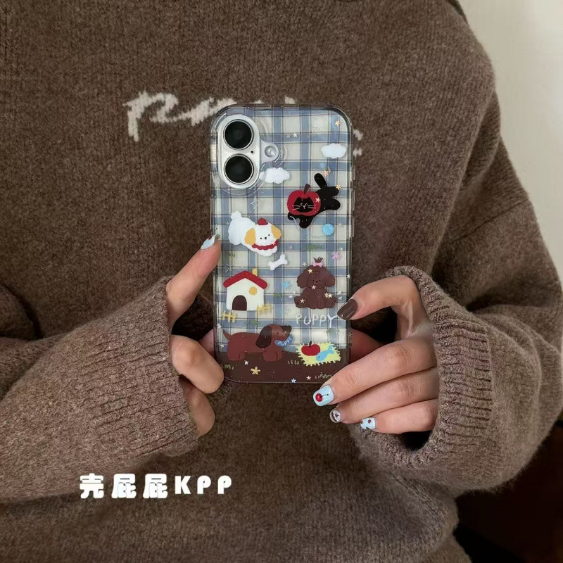半透蓝格子可爱棕狗适用iPhone17promax苹果16手机壳15卡通14新款|undefined