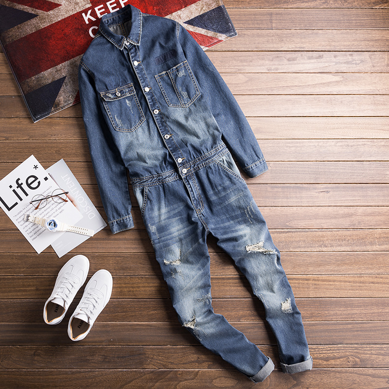 British Nostalgic Denim Workwear Jumpsuit Suit Men's Retro Washed Ripped Jumpsuit Youth Denim Pants