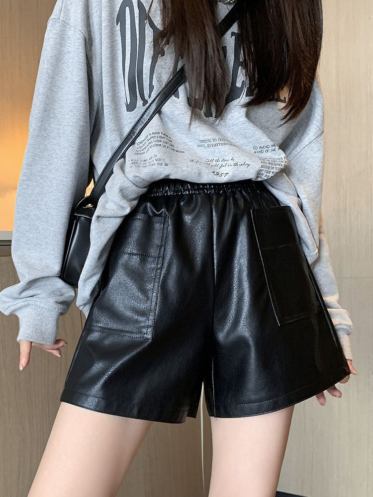 レザーショーツレディースアウターウェア2024秋冬新作PU大きいサイズカジュアルパンツゆったりワイドレッグスリムハイウエストレギンスブーツパンツ