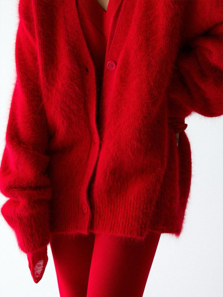 Áo cardigan len dệt kim giả lông chồn cổ V tay dài form rộng nữ — Màu hồng, Màu kaki, Màu trắng, Màu xám nhạt chi tiết 42