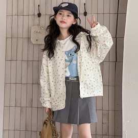女童连帽碎花外套春秋款韩系甜美蝴蝶结印花上衣宽松休闲防风外套