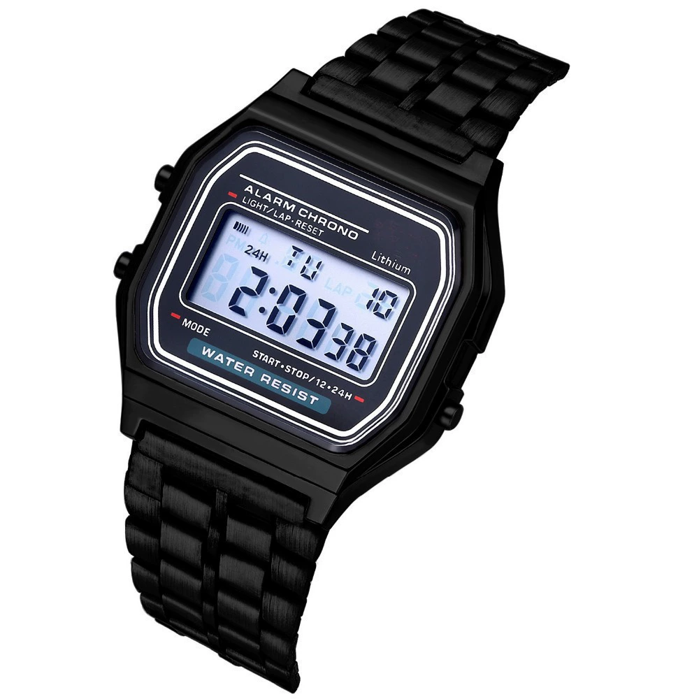 Умные часы Digital Watch 91W, браслет из нержавеющей стали, светодиодная подсветка, узкий дисплей 24 ч (Gold/Silver)