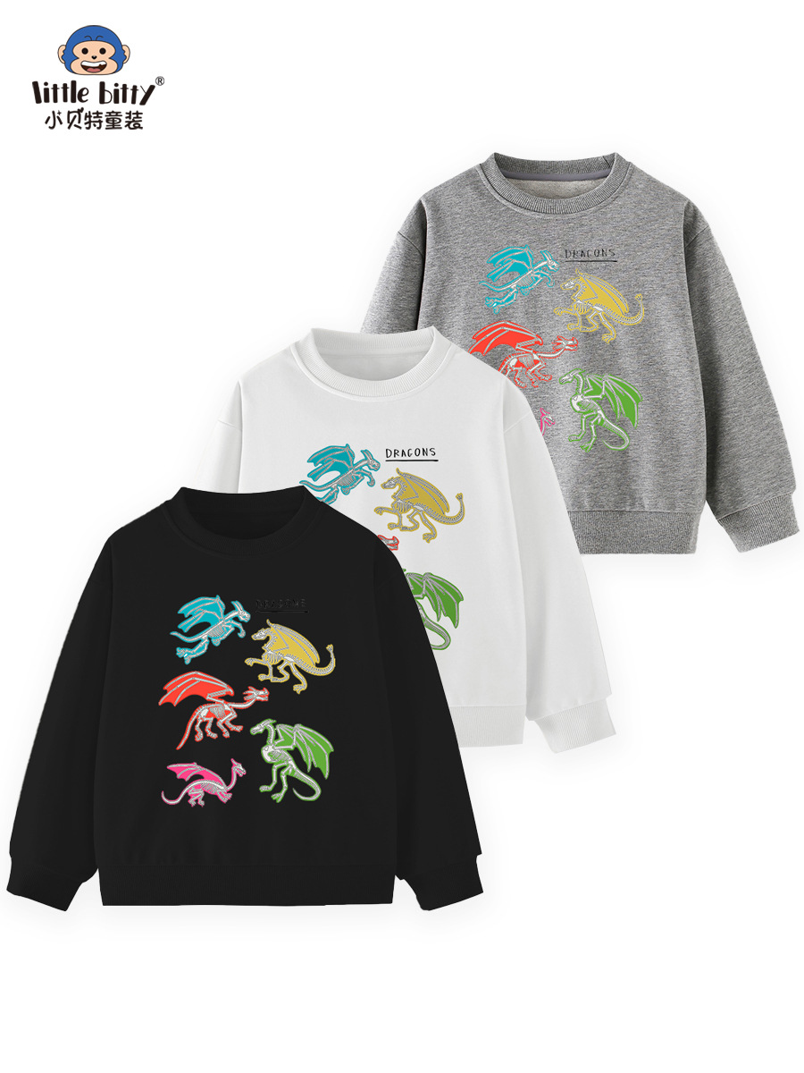 European and American Style Autumn and Winter Children's Sweatshirt Round Neck Bottoming Shirt Luminous Dinosaur Print Pullover Cross-Border Supply Customization