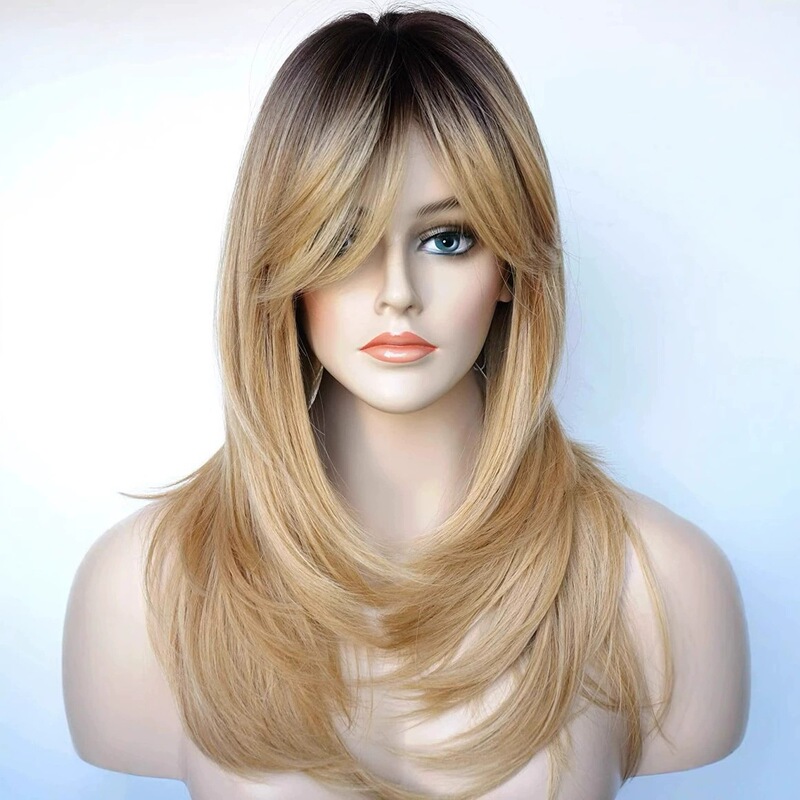 Temu Cross-Border Wig European and American Women's Medium-Length Straight Hair with Bangs and Multi-Layered Shawl Hair Rose Net