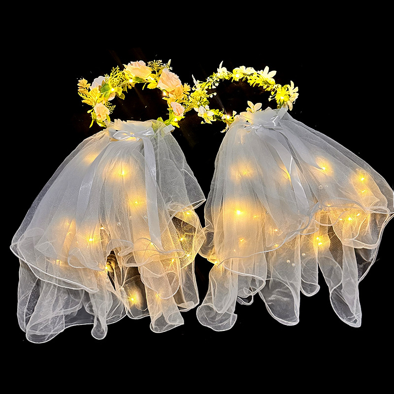 网红七夕发光公主头纱流苏皇冠珍珠蝴蝶结拍照夜市摆地摊发光珍珠