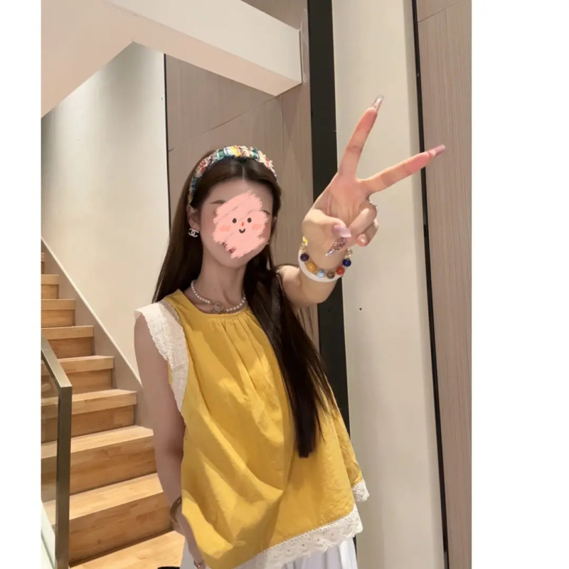 女性用レーススプライシングノースリーブシャツ、夏デザインベビードールシャツ、小柄で甘いシャツトップ|undefined