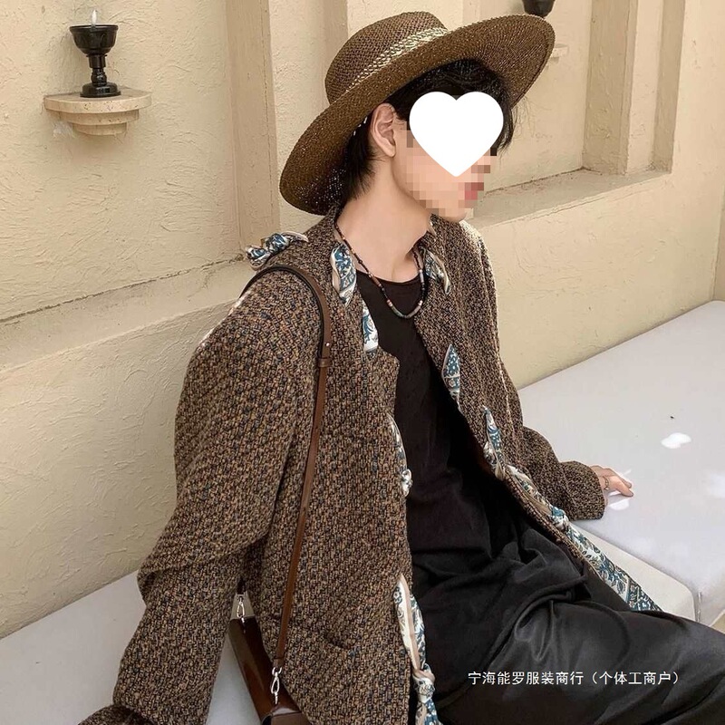 Brown Silk Scarf Style Jacket for Men, Autumn Design, Niche Ins Casual Loose Versatile Men's Jacket