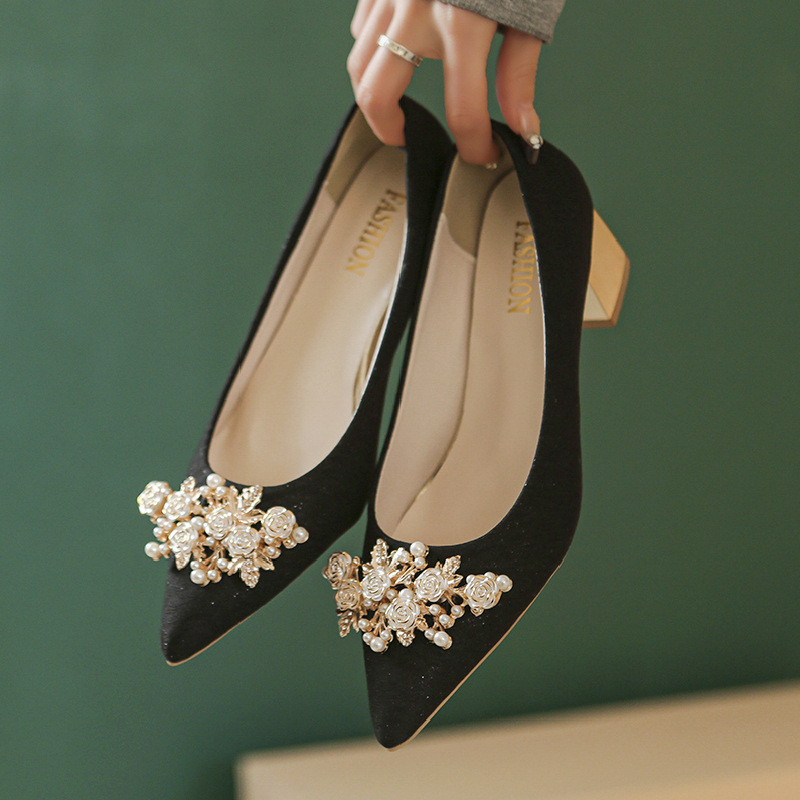 Cross-border size shoes women's 2025 new pointed thick heel high heels plus size plus fat widened wedding shoes wedding bride shoes