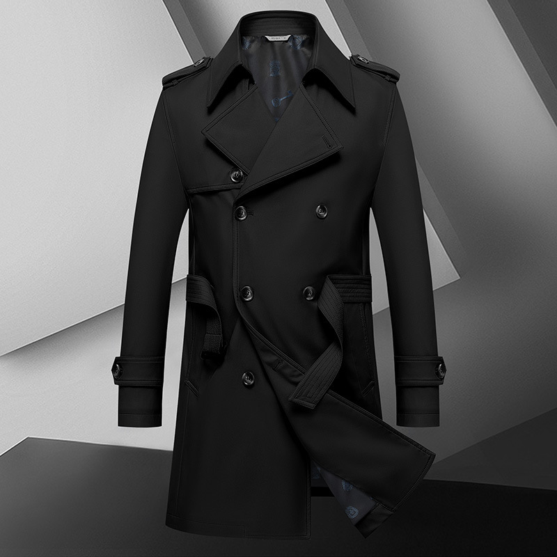 Men's Quality Haze Blue Men's Coat Double Breasted Belt Spring and Autumn Mid Length Coat_voghion.com