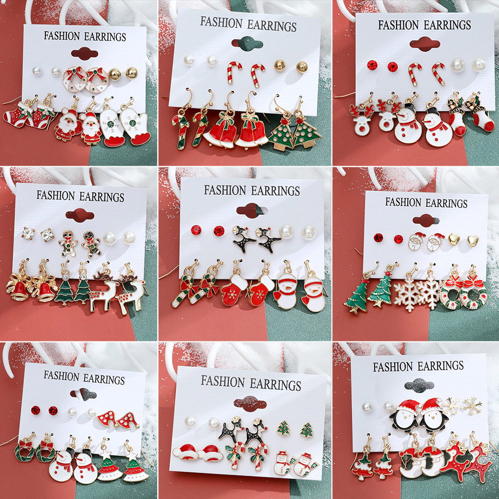 New Christmas Snowman Cane Earrings Set Cartoon Dripping Elk Wreath Earrings display picture 3