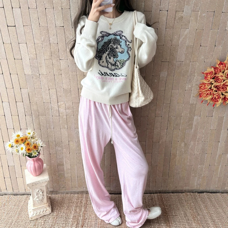 26 Autumn New Unicorn Jacquard Knit Sweater for Women, Off-White Round Neck Loose Wool Blend Pullover 26 Autumn New Unicorn Jacquard Knit Sweater for Women, Off-White Round Neck Loose Wool Blend Pullover