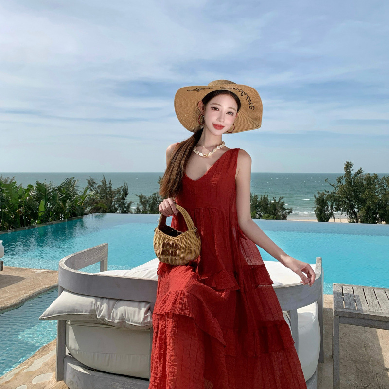 Red Beautiful and Pretty Ear-Hanging Cake Dress for Women, Summer French Style Backless Super Pretty Holiday Swing Dress