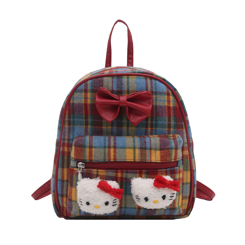 Hermosa mochila retro retro arco, estilo universitario para mujeres, universidad, exquisita mochila a cuadros rojos. image 6