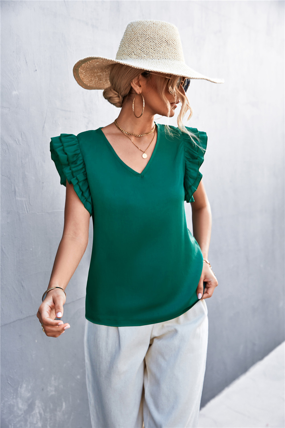 solid color V-neck flounce sleeve top NSLNZ123447