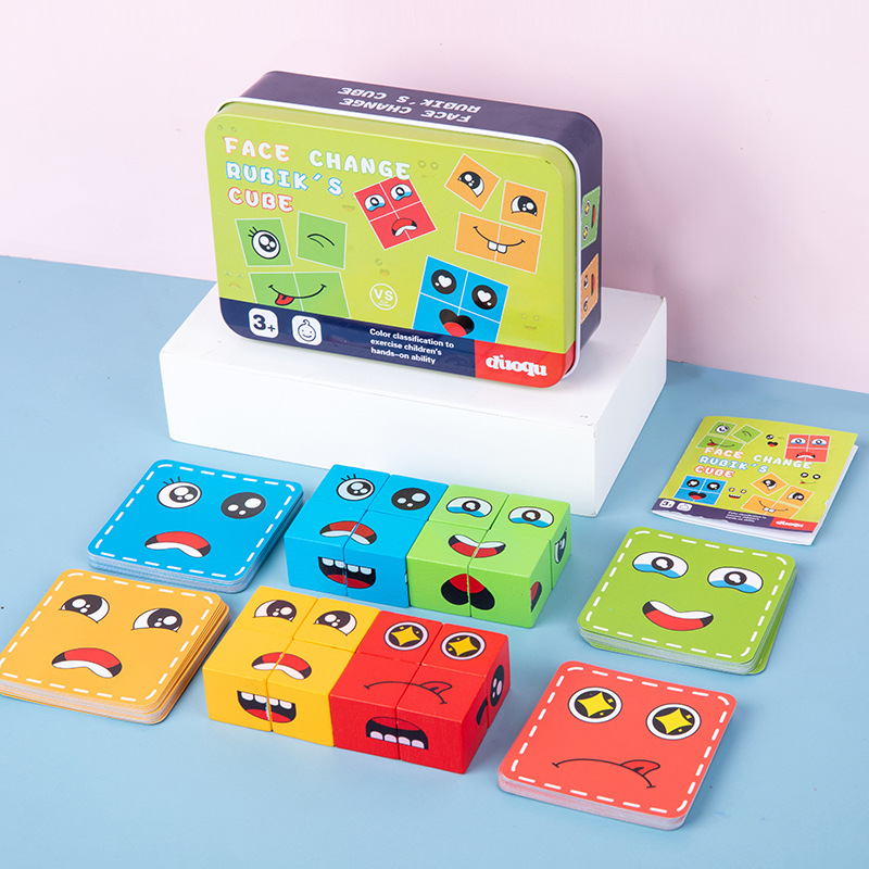 Metal Box Expression Face-changing Rubik's Cube Building Blocks Battle Interactive Board Game Wooden Educational Toys