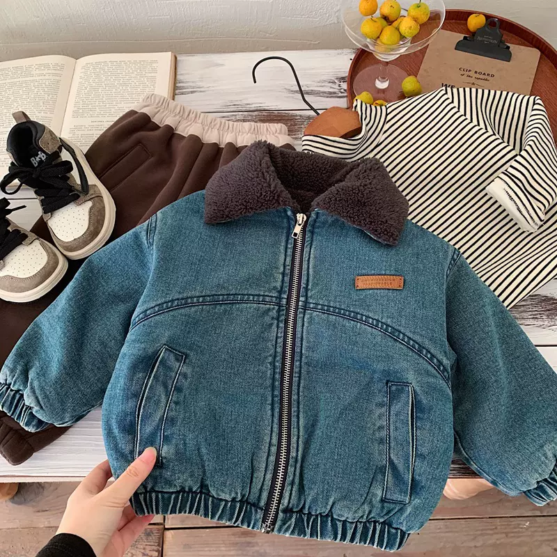 儿童冬装男童牛仔外套加绒夹棉加厚2024冬季小男孩休闲街头夹克潮