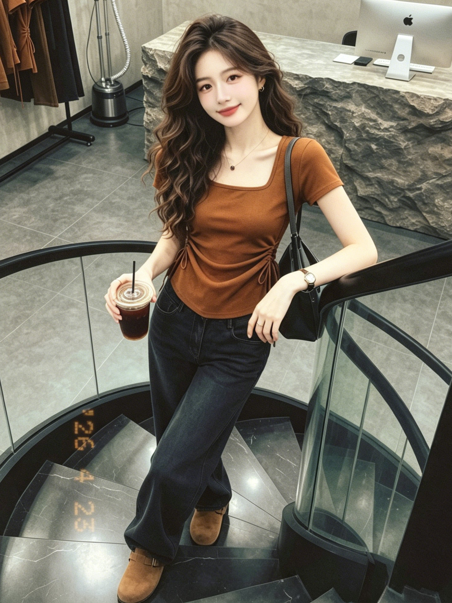 Áo thun nữ cổ vuông tay ngắn phom thẳng vai, thiết kế thắt eo dây rút, dáng suông nhẹ — màu đen