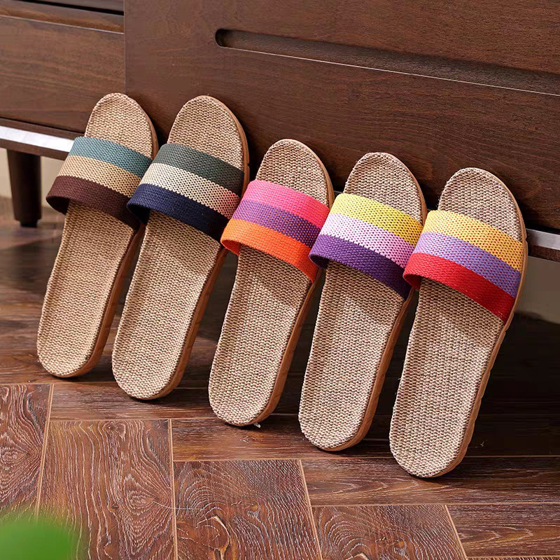 Linen slippers for women Summer home couple indoor wooden floor thick bottom non-slip non-stinky feet Four Seasons home slippers for men