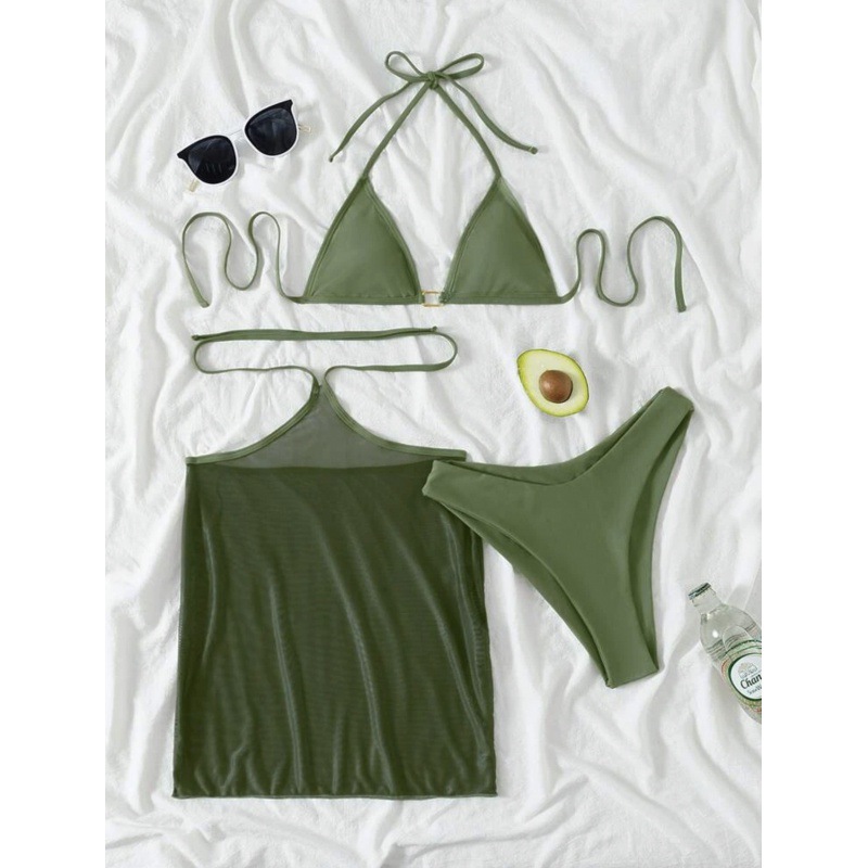 Mingyi nuevo sexy color sólido europeo y americano multicolor moda bikini malla vestido de tres piezas traje de baño de las mujeres