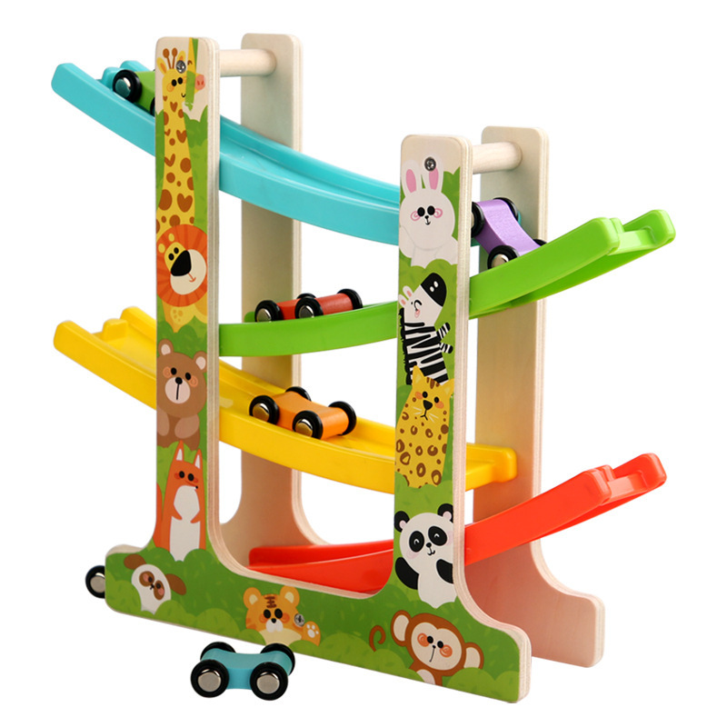 Coche inercial de deslizamiento de cuatro pistas de madera para niños, Amazon transfronterizo, juguetes educativos de educación temprana para bebés de 3-7 años