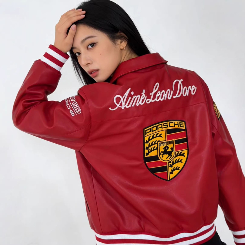 F1 Embroidered Racing Suit Spring and Autumn Men's Stand Collar Striped Zipper Pu Leather Jacket Large Size Motorcycle Leather Jacket Custom-Made