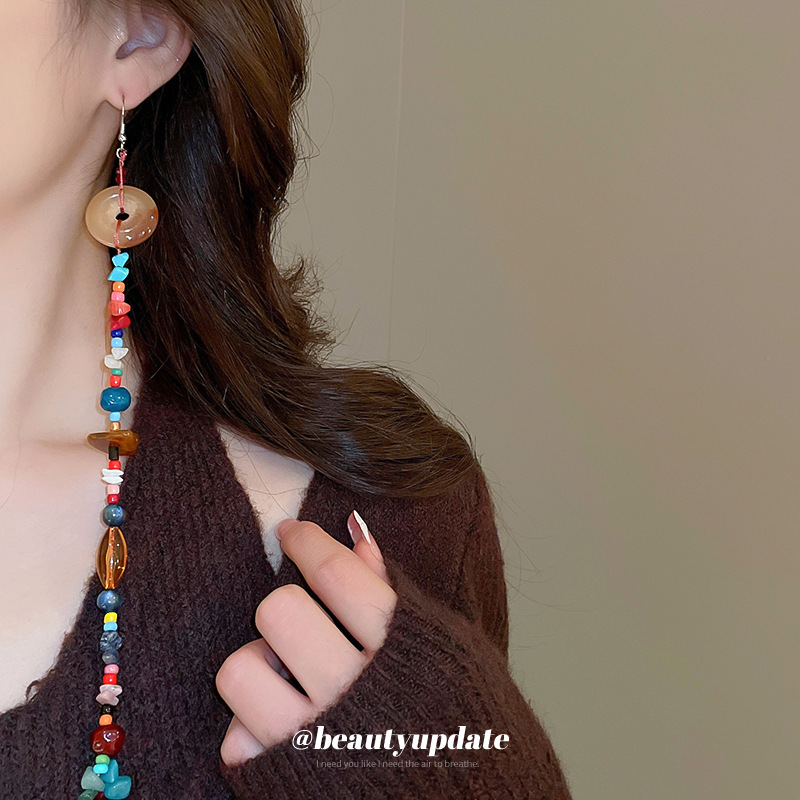 Pendientes de cuentas de resina de color irregular de estilo étnico Pendientes de borla ultralargos Pendientes frescos pequeños retro al por mayor