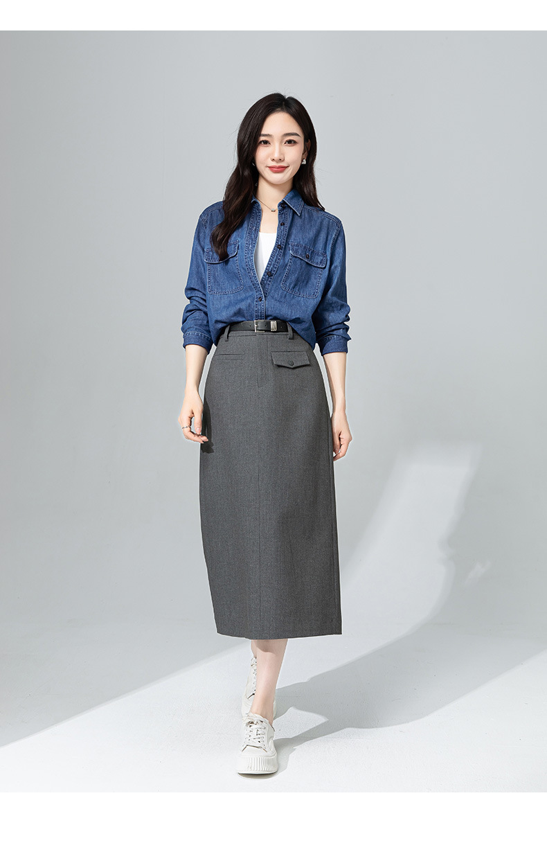 Váy midi len Tencel xám đậm xẻ tà ống suông đa năng — màu xám chi tiết 28