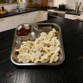 跨境饺子盘不锈钢沥水盘家用方形餐盘蒸饺带蘸料碟薯条小吃多用盘