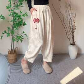 2026年春装新款人丝缎面松紧腰哈伦裤 国风文艺范流苏宽松裤子女