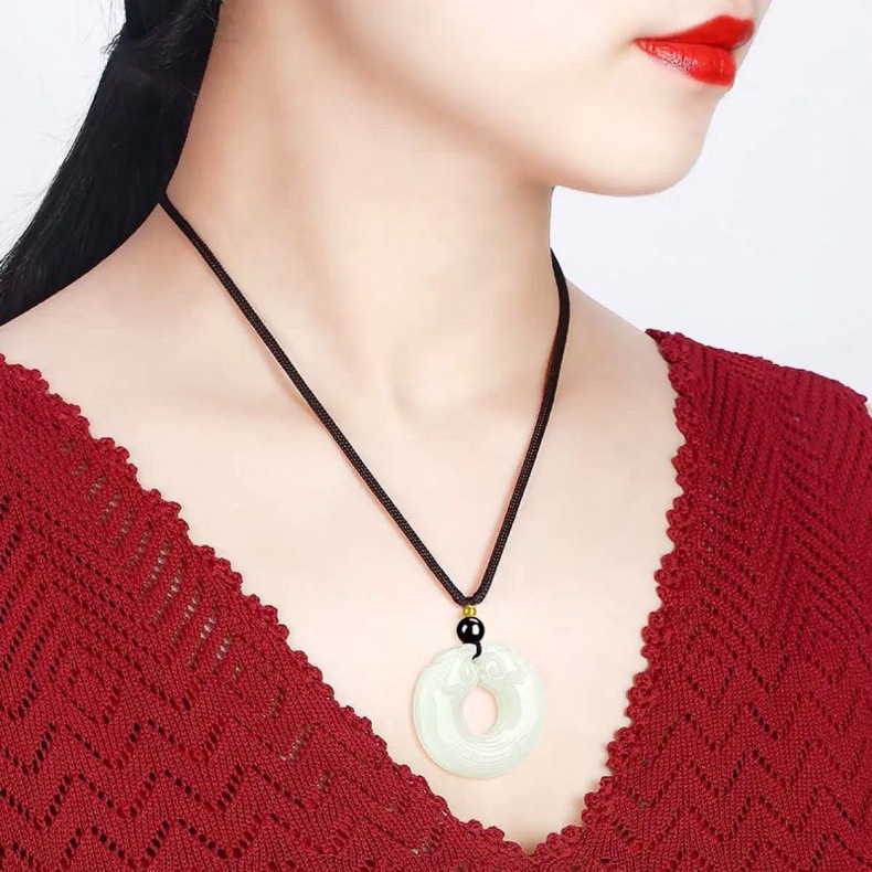 Mặt dây chuyền ngọc Hetian Tân Cương hình rồng song long hộ chủ, dây đeo kèm chi tiết 4