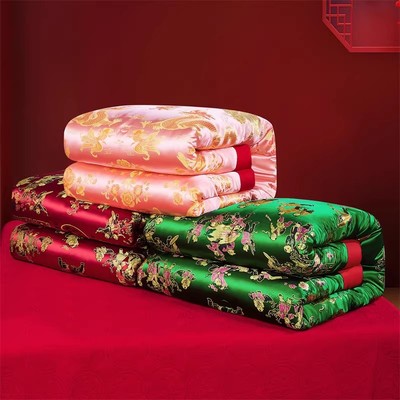 结婚被子喜被陪嫁婚庆用品大红新婚绿双喜龙凤百子丝绸缎被芯棉被|ru