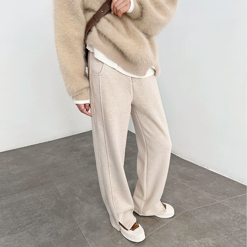 헤링본 기모 넓은 다리 바지 여성 가을 겨울 2025 새로운 양모 분할 바지 스트레이트 울 좁은 바나나 바지