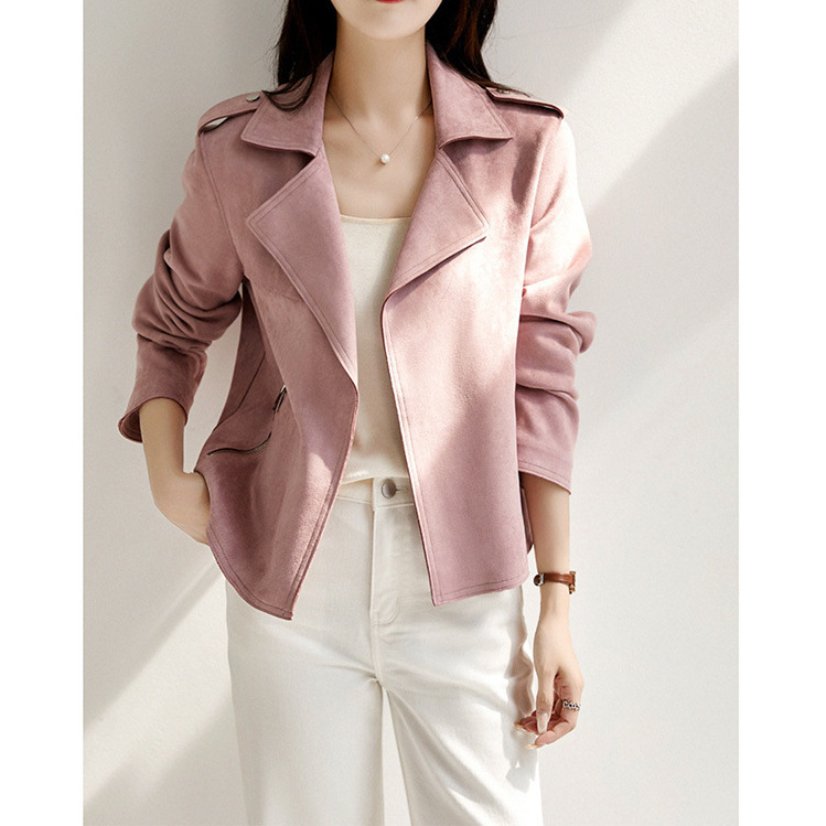 Easy-Care High-End Eco-Friendly Suede~Motorcycle Jacket in 4 Colors, Short Women's Leather Jacket, Pink, Spring 2026
