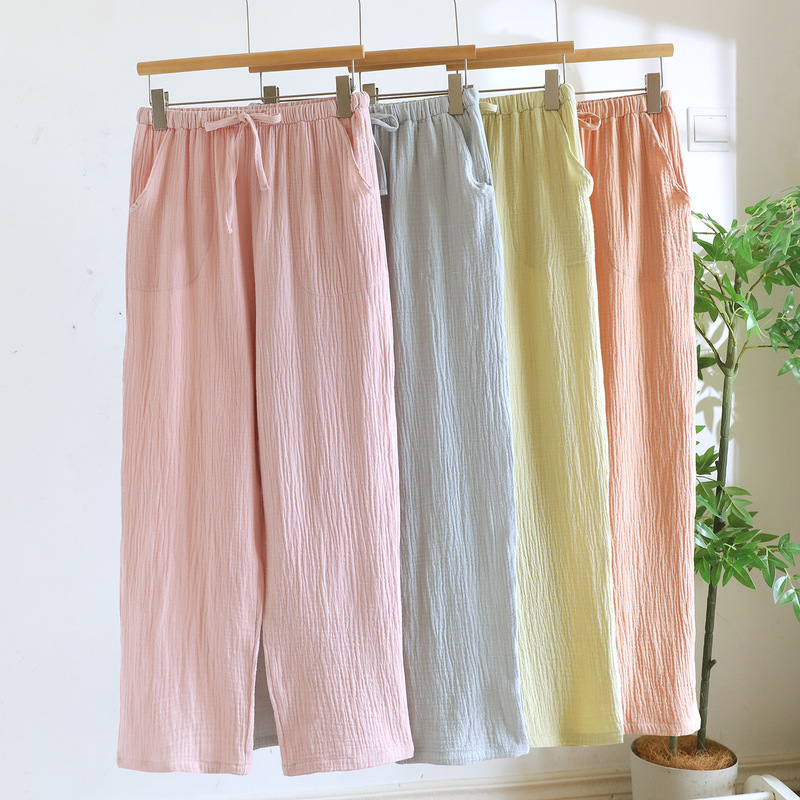 Pure Cotton Women's Pajama Pants for Spring, Summer, and Autumn, Thin Solid Color Straight-Leg Long Pants with Side Pockets, Suitable for Wearing Outside, Casual Loose Home Pants